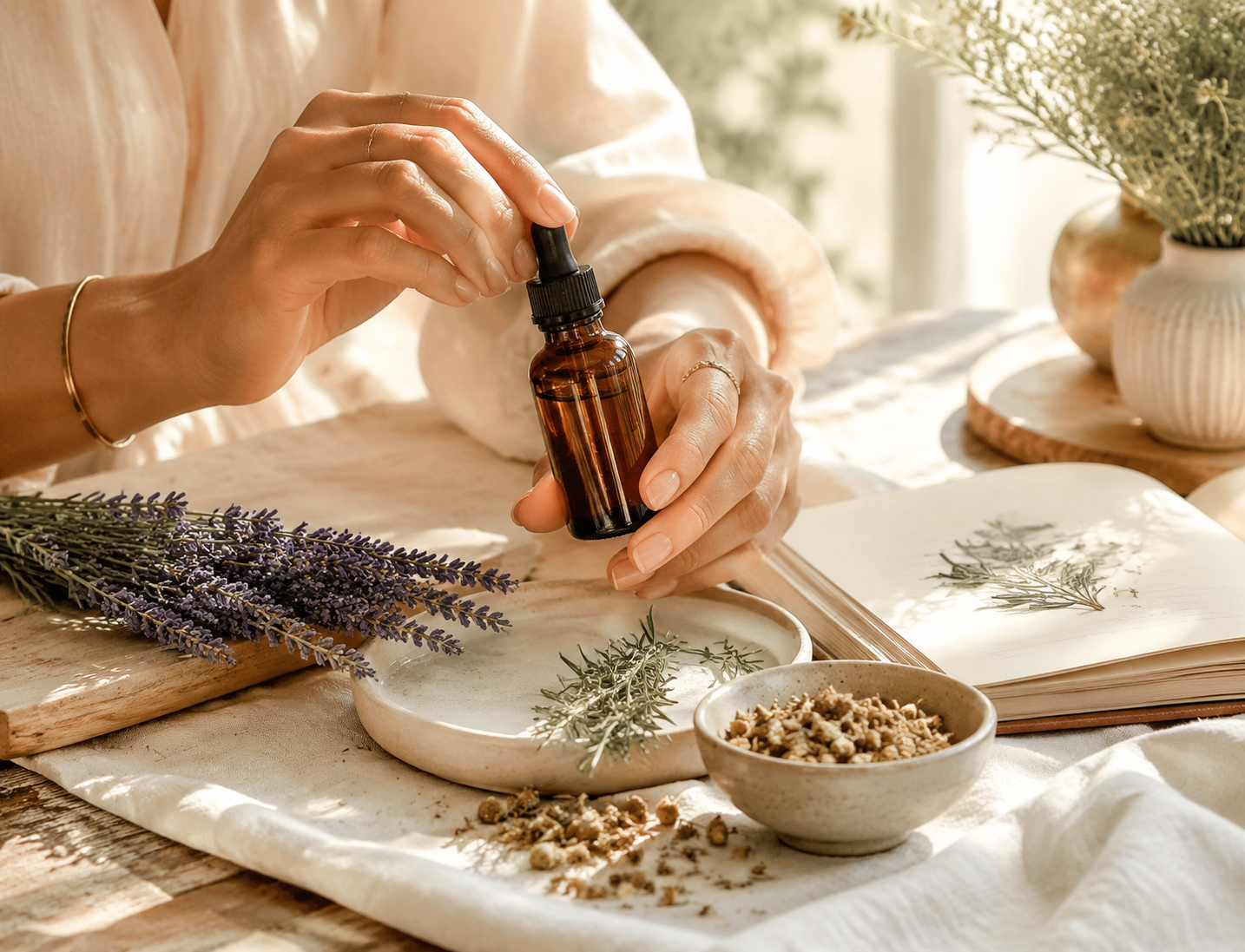 Botanical hands holding a natural wellness product